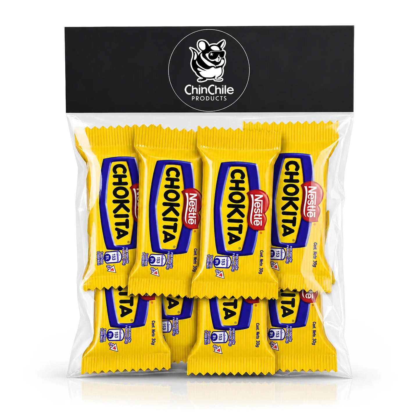 Una bolsa de plástico transparente que contiene diez tabletas de chocolate Chokita envueltas individualmente, con una tarjeta negra en la parte superior en la que aparece impreso el logotipo de ChinChile Products.