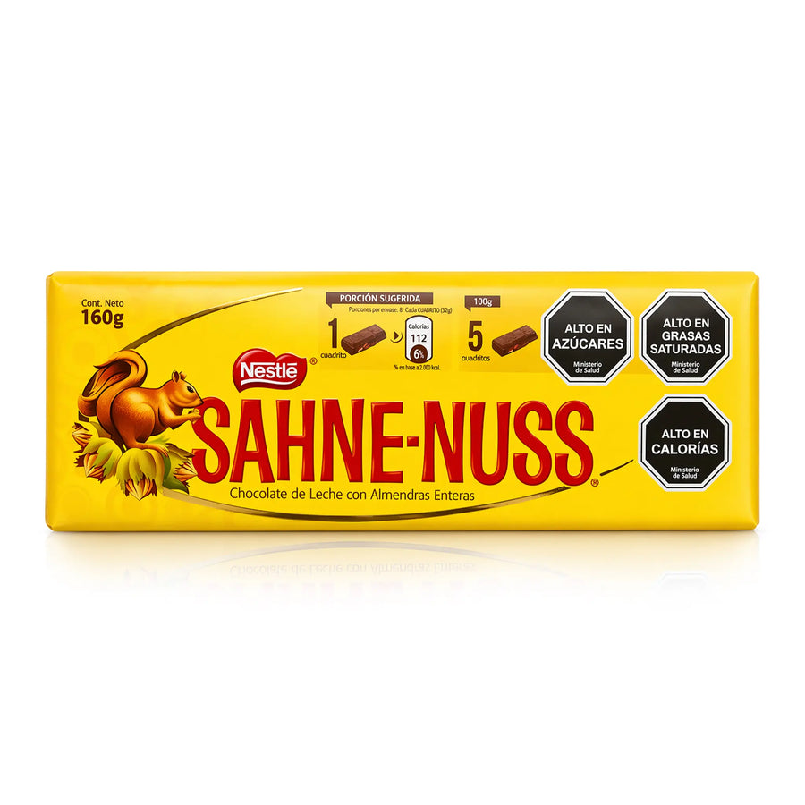Tableta de chocolate con leche Nestlé Sahne-Nuss con almendras enteras en envase amarillo - 160g.