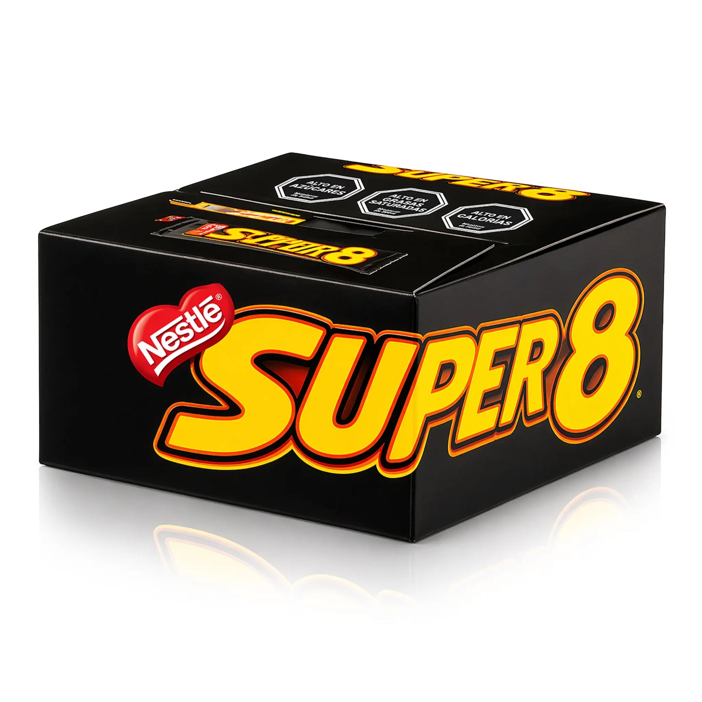 Caja de 24 unidades de galletas de chocolate chilenas Super 8 envueltas individualmente en un embalaje negro con texto amarillo.