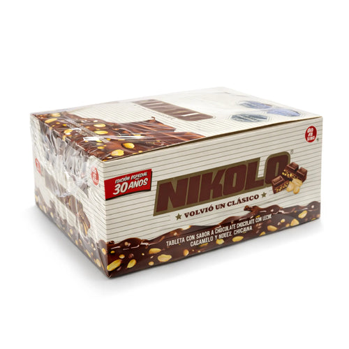 Box of Nikolo chocolate bars on a white background