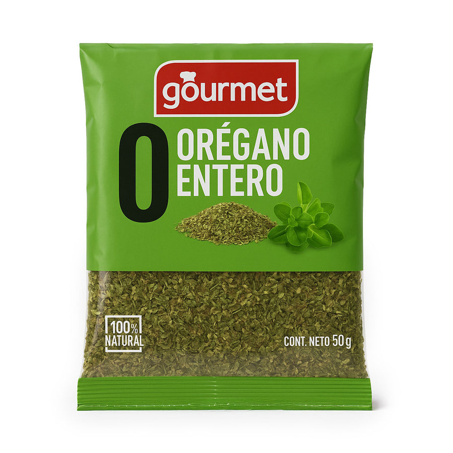 50g bag of Gourmet Whole Oregano imported from Chile – green packaging with dried oregano inside.