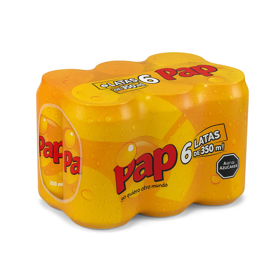 Envase amarillo de seis unidades de bebidas de la marca Pap sobre fondo blanco.