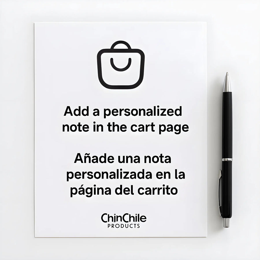 White sheet of paper with a black pen beside it, displaying the message "Add a personalized note in the cart page" and its Spanish translation "Añade una nota personalizada en la página del carrito.