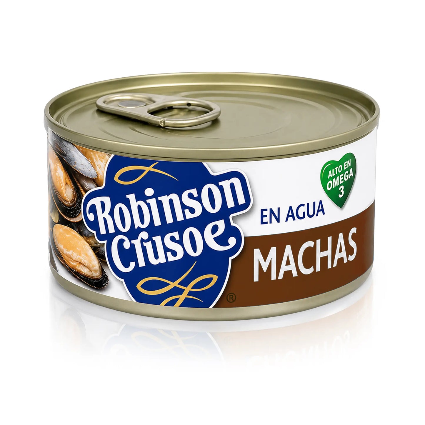 Can of Robinson Crusoe Machas in water on a white background