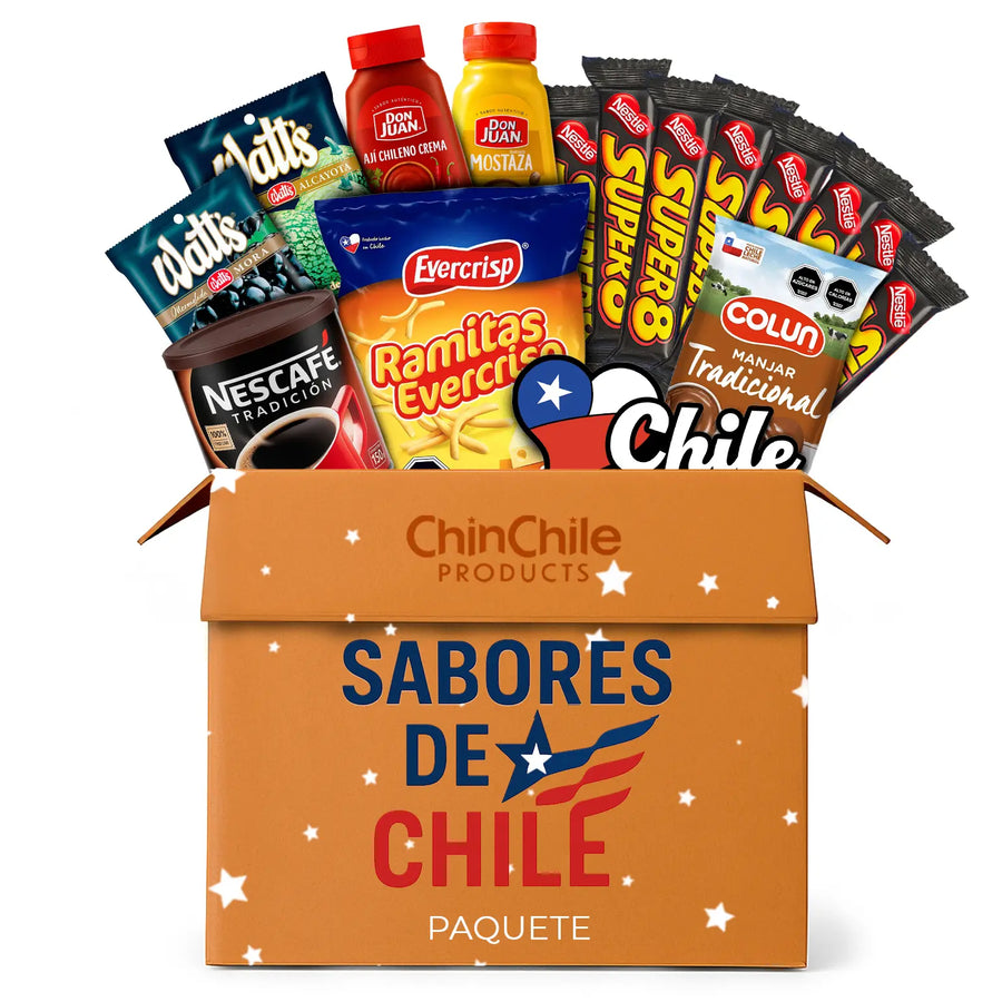 Caja de productos ChinChile con diversos aperitivos y bebidas chilenos sobre fondo blanco