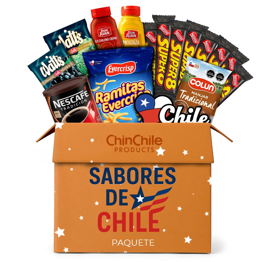 Caja de productos ChinChile con varios aperitivos chilenos y café sobre fondo blanco