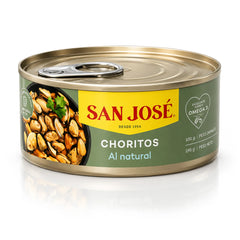 Lata de 190 gramos de Choritos con tapa de fácil apertura y etiquetado en verde claro.