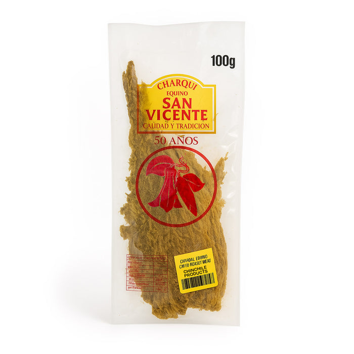 Package of San Vicente brand horse jerky (Charqui de Equino) 100g on a white background.
