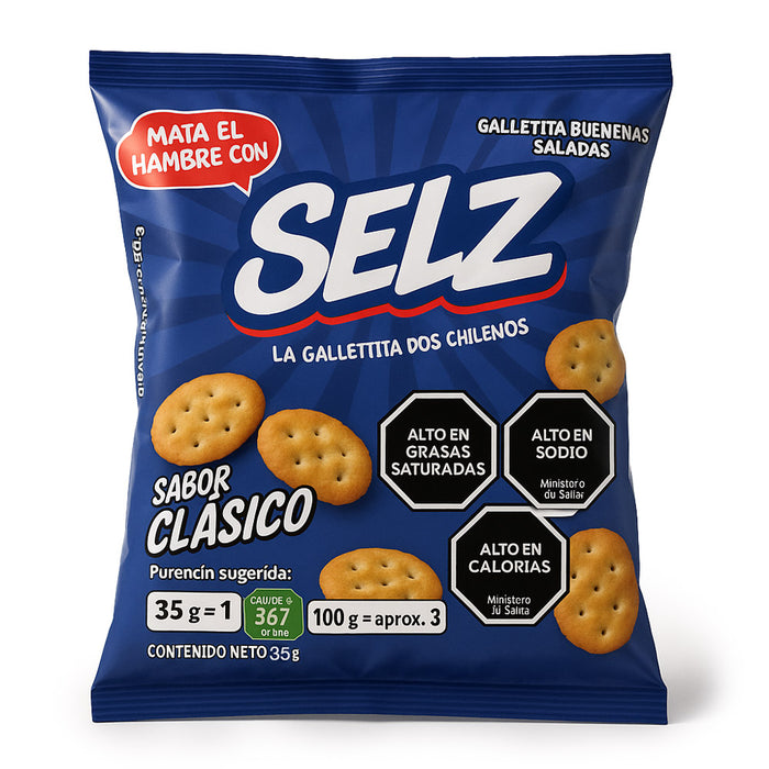 Selz Classic Salted Crackers – 35g bag with blue packaging, imported from Chile.