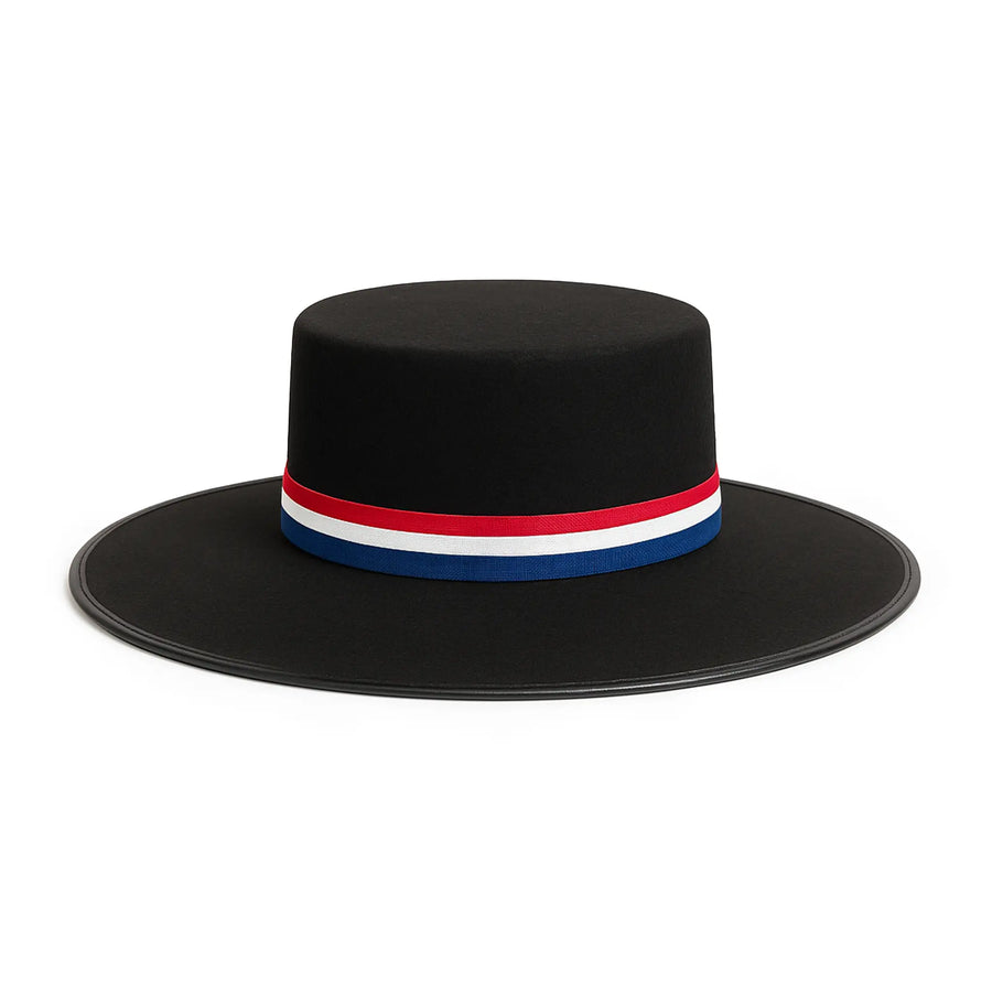 Black hat with a red, white, and blue band on a white background