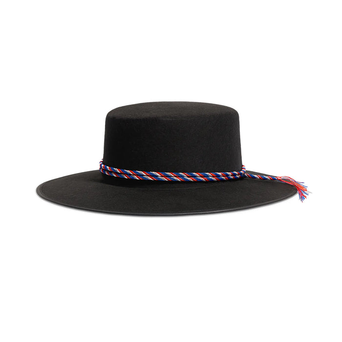 Black Chilean Huaso Hat with red, white, and blue rope band on white background.
