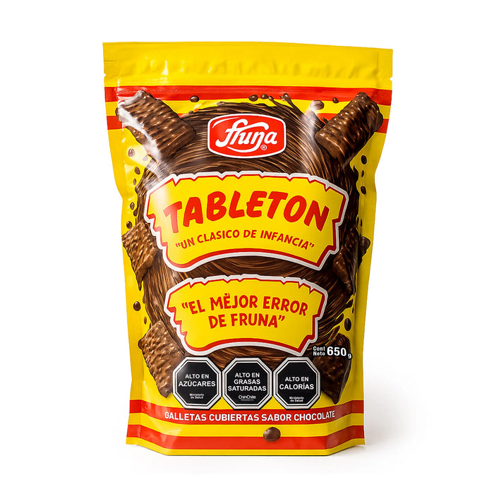 A large yellow bag of Chocolate covered cookies. The bag has a chocolate swirl on the front with images of the cookies that it contains.