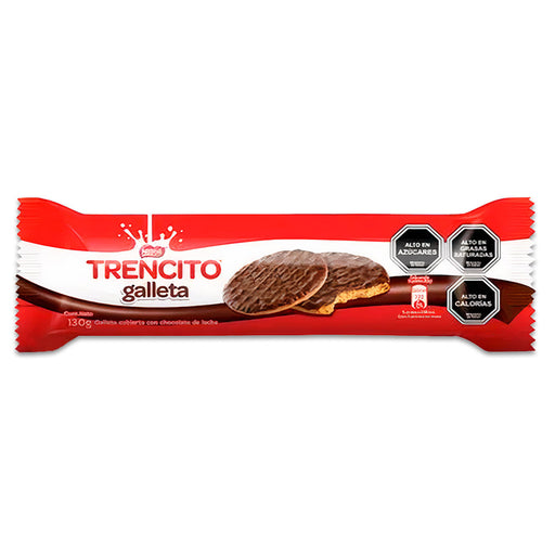 A red package of Trencito cookies with a picture of two cookies on the front.