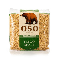 A 500 gram clear bag of Trigo Mote with a green label and brown bear on the front.