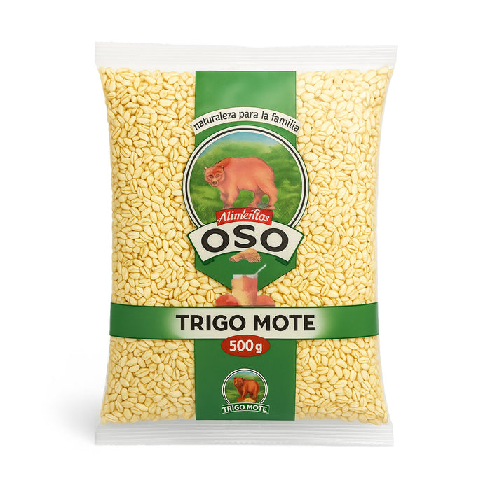 A 500 gram clear bag of Trigo Mote with a green label and brown bear on the front.