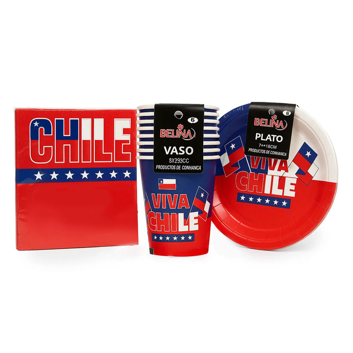 Dinnerware set with 'Viva Chile' design on a white background