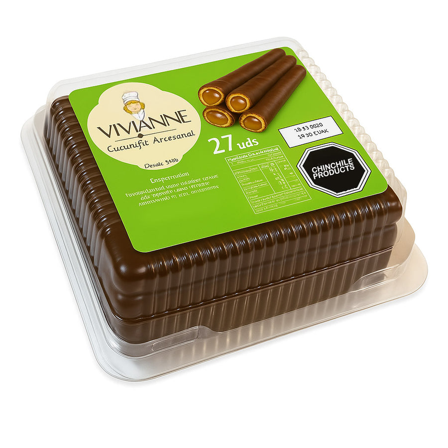 Paquete de rollitos de oblea de Chocolate Vivianne Cuchufli rellenos de Manjar, 27 unidades, 400g, sobre fondo blanco.