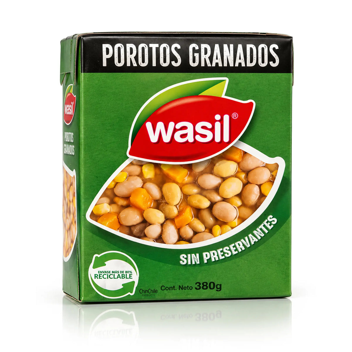 Wasil Porotos Granados, Chilean bean stew in a 380 g carton on a white background.