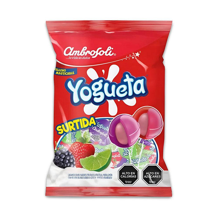 Yogueta candy pops in a red bag.