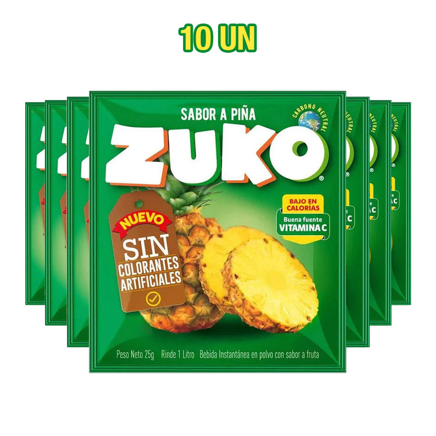 Un paquete de 10 zumos Zuko con sabor a piña en sobres verdes.