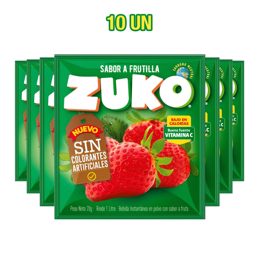 Envase de bebida con sabor a fruta Zuko con fresas sobre fondo blanco