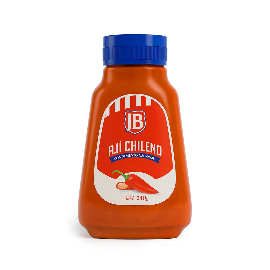 Botella de salsa J&B Ají Chileno con tapón azul sobre fondo blanco