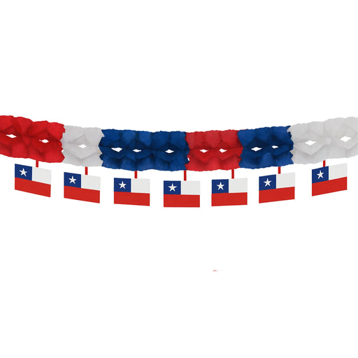 Decorative garland with small flags resembling the Chilean flag on a white background