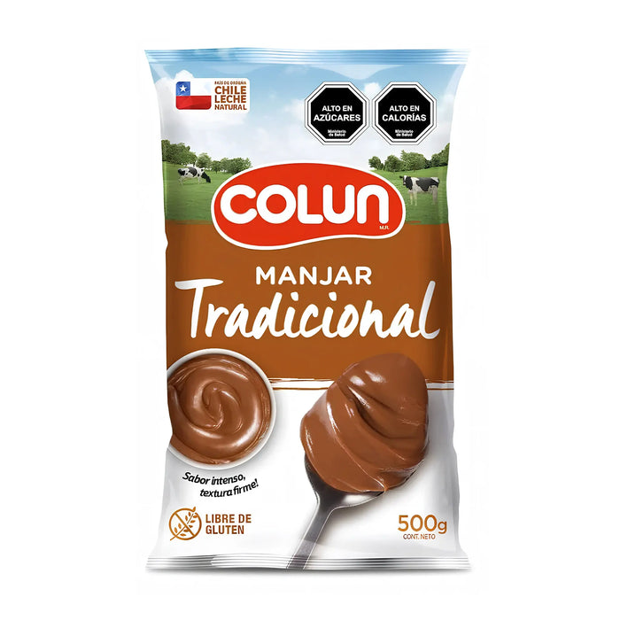 500g bag of Manjar Colun – Chilean milk caramel spread in brown packaging.