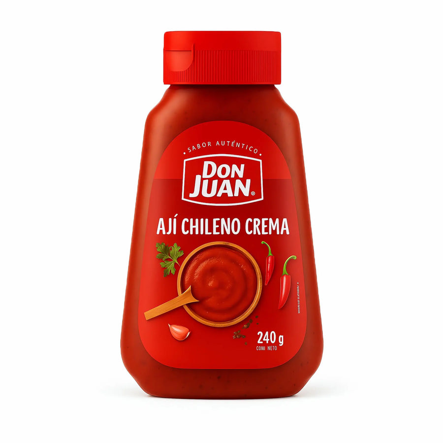 Don Juan Chilean Ají Crema 240g botella con tapón rojo sobre fondo blanco.