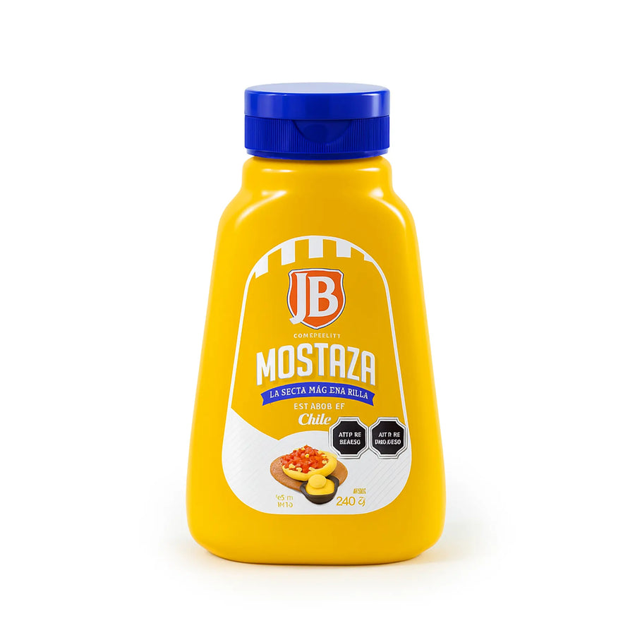 Mostaza JB – Chilean mustard in a 240g yellow bottle with a blue cap on a white background.