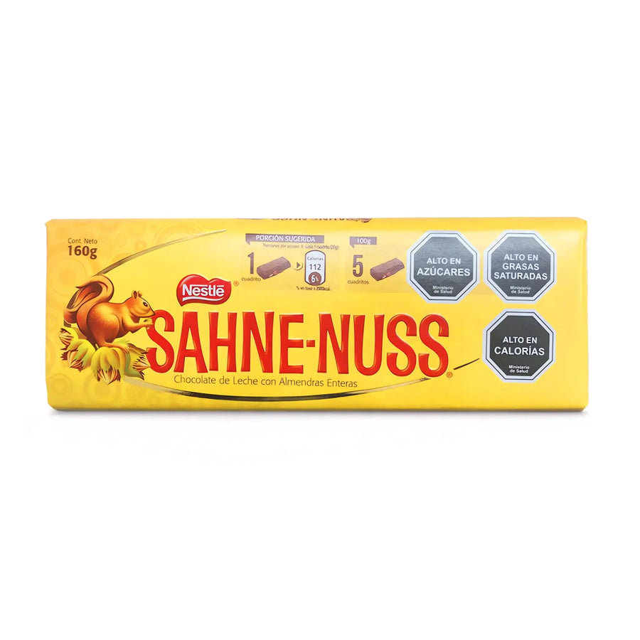 Tableta de chocolate con leche Nestlé Sahne-Nuss con almendras enteras en envase amarillo - 160g.