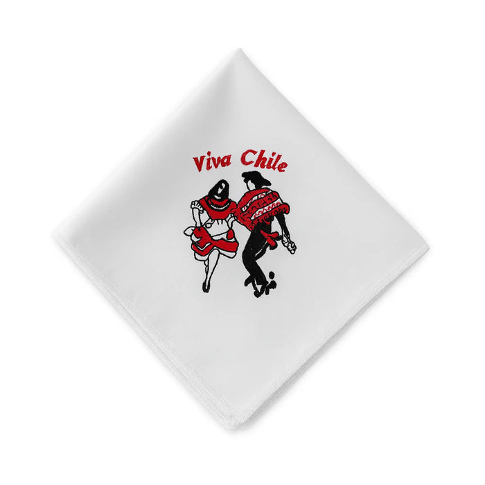 Pañuelo Viva Chile handkerchief 28x28 cm with embroidered folkloric couple and Viva Chile text.