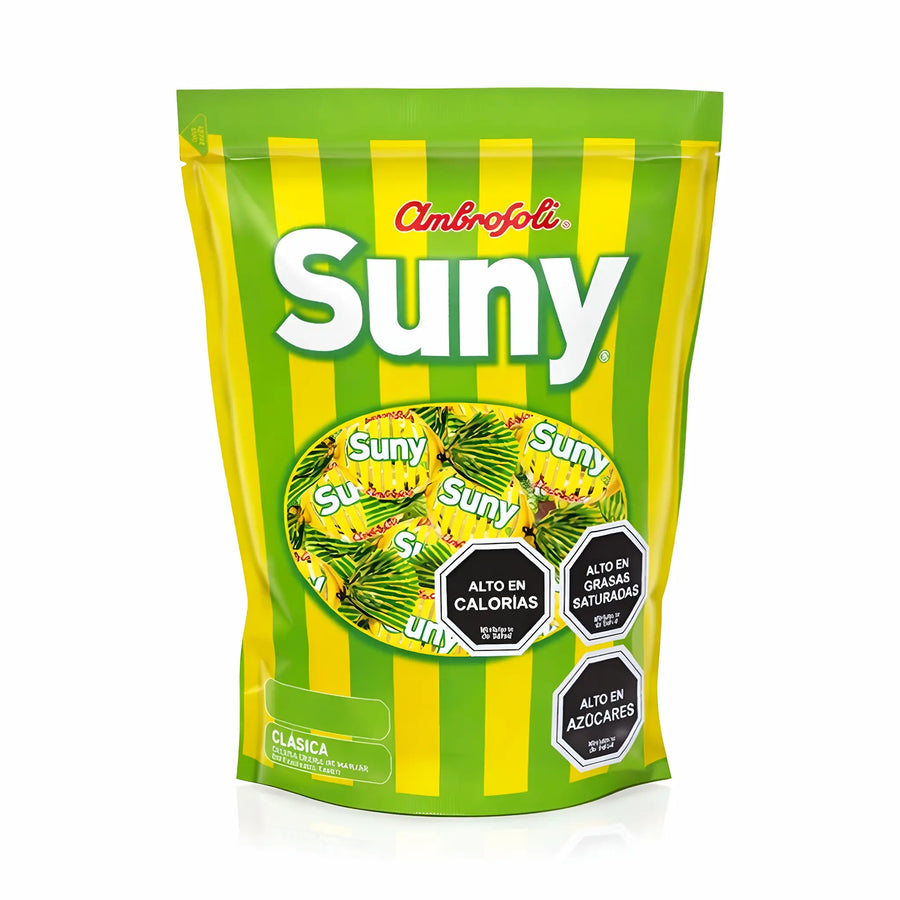 Envase verde y amarillo de Ambrosoli Suny con ilustraciones de piñas sobre fondo blanco