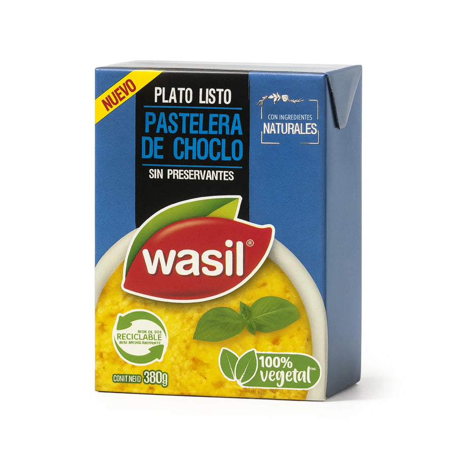 Envase del producto Wasil con diseño azul y amarillo sobre fondo blanco.