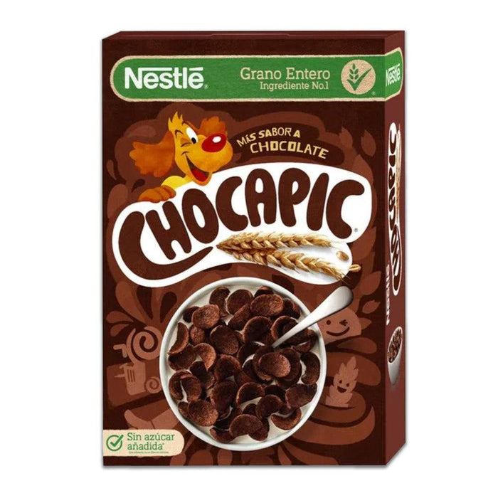 A brown cereal box with a bowl of chocapic and a cartoon dog winking.