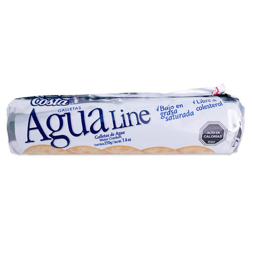 A white and silver package of Agua Line water crackers form Costa.