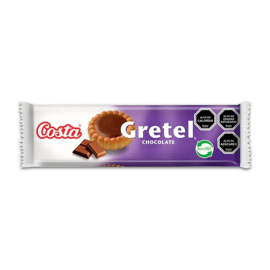 Una pequeña bolsa blanca y morada de galletas de chocolate Gretel de Costa. Un producto importado de Chile.