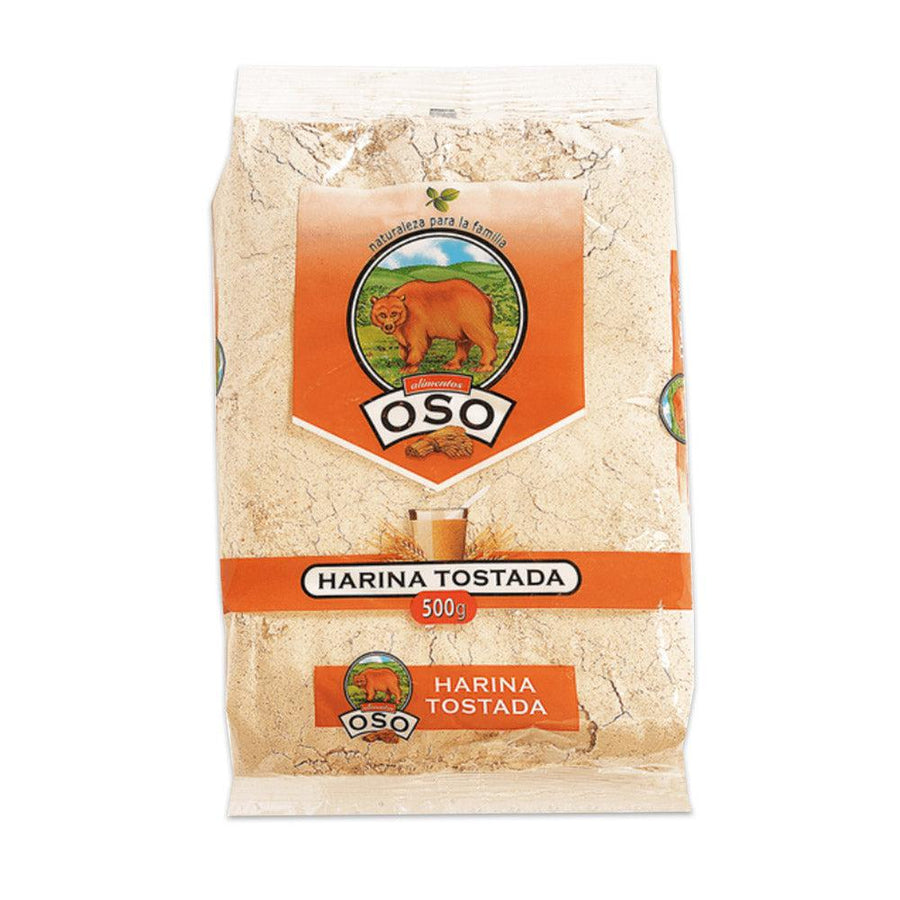 Una bolsa transparente de harina de trigo tostada con una etiqueta naranja y el logotipo Oso de un oso pardo.