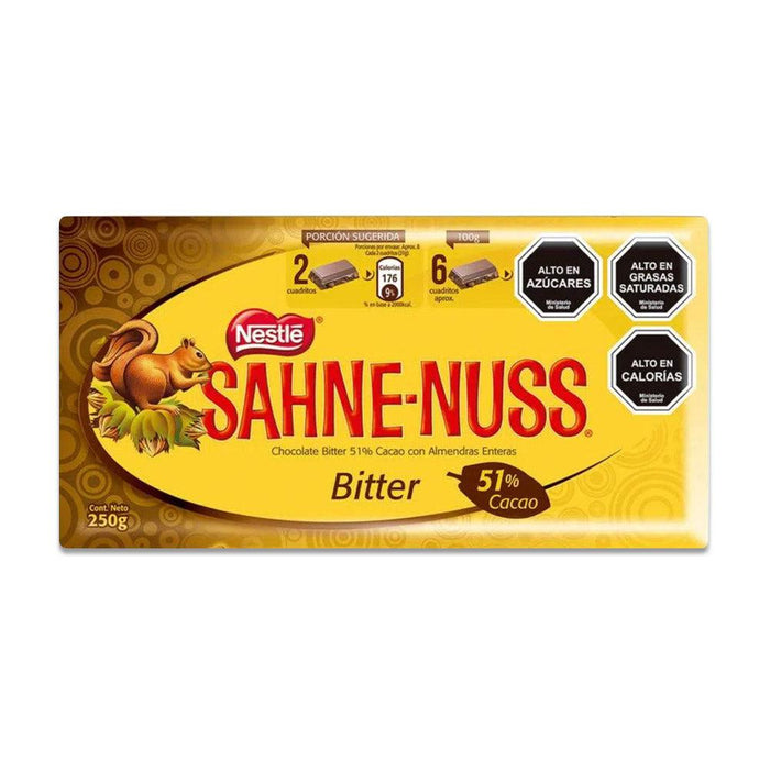 A 250 gram chocolate bar in yellow and brown packaging with a squirrel on the front.