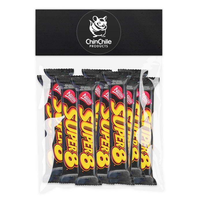 A 12 unit bag of Super 8 Chilean chocolate cookies individually wrapped in black packaging with yellow text.