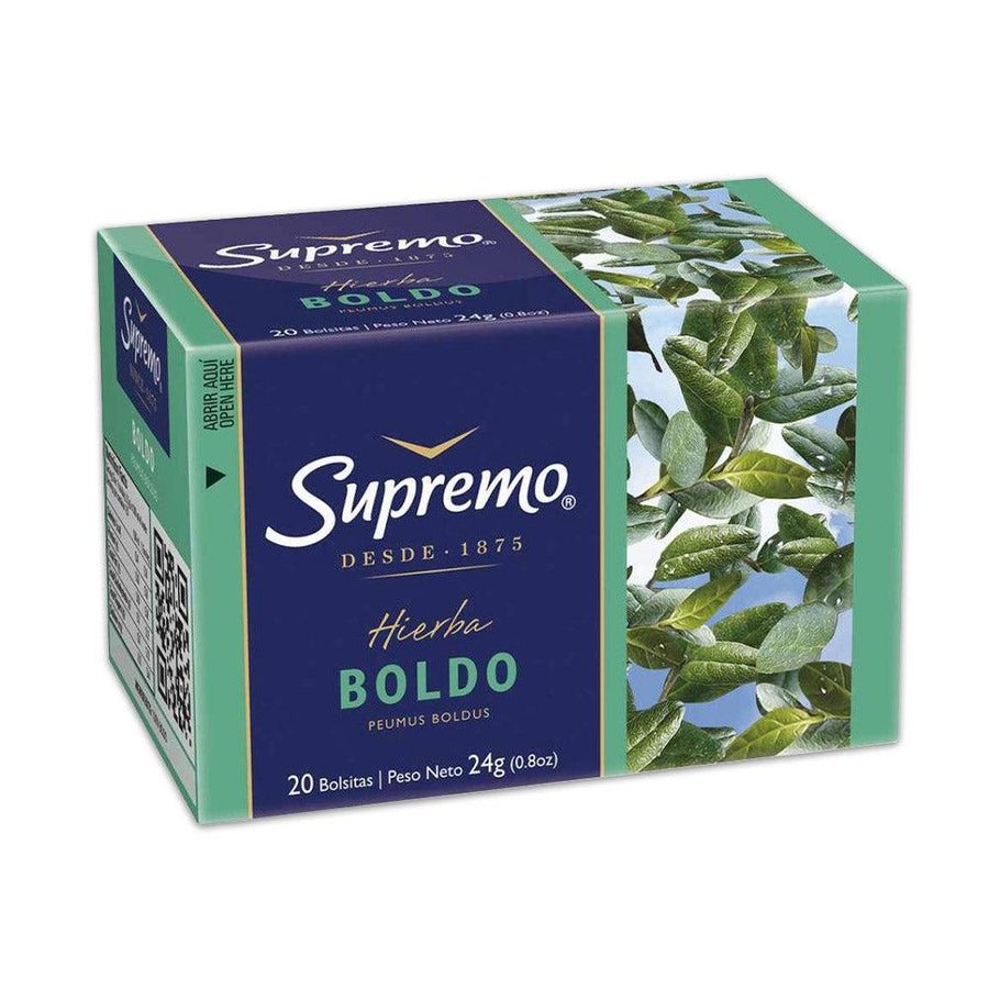 A box of Supremo brand Boldo herbal tea bags, with an image of green tea leaves on the front.