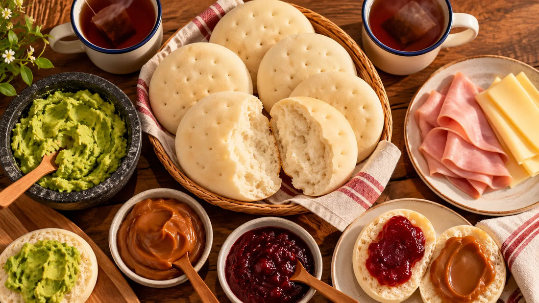 Una once chilena en una mesa de madera: una panera con hallullas calentitas, una abierta, palta molida, pocillos de manjar y mermelada, jamón y queso, y dos tazas de té.