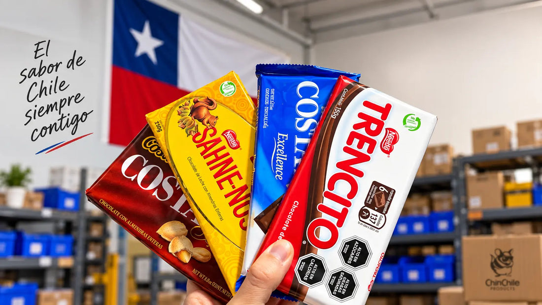 A hand holding four Chilean chocolate bars fanned out in a warehouse, with a Chilean flag and stocked shelves behind them.