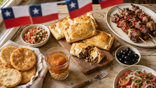 A Chilean Fiestas Patrias table: empanadas de pino, anticuchos, pebre and sopaipillas set out for a Dieciocho celebration