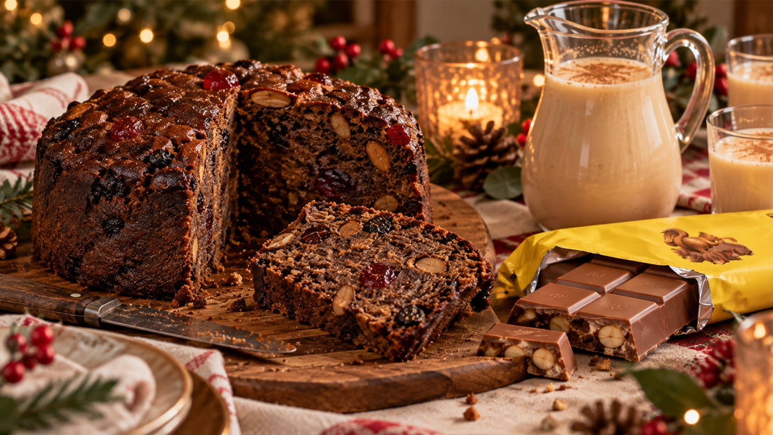 A dark Chilean pan de pascua cut open on a wooden board beside a sliced piece, an open chocolate bar and a pitcher of cola de mono, on a table set for Christmas.