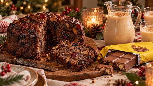 A dark Chilean pan de pascua cut open on a wooden board beside a sliced piece, an open chocolate bar and a pitcher of cola de mono, on a table set for Christmas.