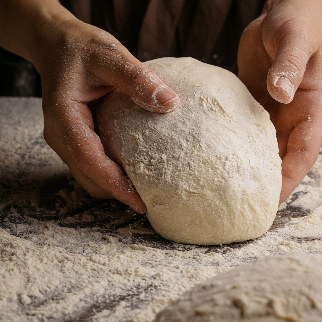 The hands of a baker making a fresh batch of dough.