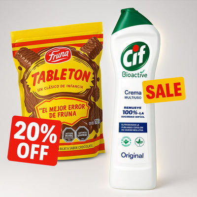 una bolsa inclinada de barquillos de chocolate Fruna Tableton con una etiqueta de "20% DE DESCUENTO" a la izquierda, y un frasco vertical de crema limpiadora CIF Bioactive con una etiqueta de "OFERTA" a la derecha, sobre un fondo degradado de gris claro a blanco.