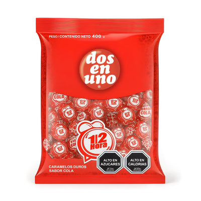 1/2 Hora – Dos en Uno cola hard candies (400g bag with 100 pieces).