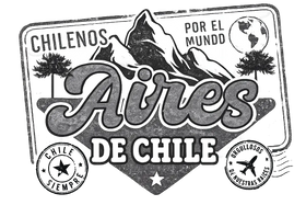 Black and white vintage-style travel poster graphic reading 'Chileños por el mundo Aires de Chile' with mountain, trees, globe, stamps, and airplane motifs.